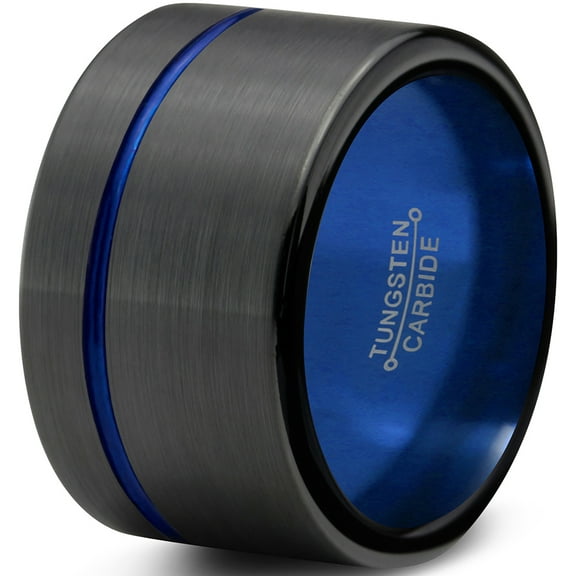 P. Manoukian Tungsten Wedding Band Ring 12mm for Men Women Black Blue Off Set Line Flat Cut Brushed Lifetime Guarantee Size 4
