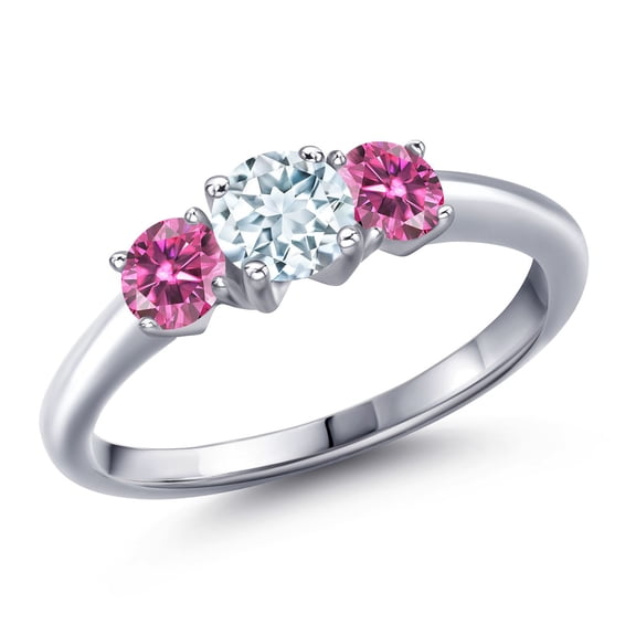 Gem Stone King 925 Sterling Silver Sky Blue Aquamarine and Pink Moissanite Engagement Ring for Women | 0.96 Cttw | Round 5MM | Gemstone March Birthstone | Size 6