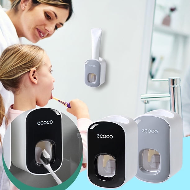 Dispensador automático de pasta dental montado en la pared - Doble exprimidor con bomba de vacío, sin instalación de taladros, plástico ABS, 7x6x11,3cm