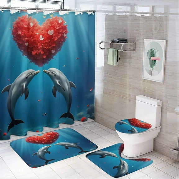 Dolphins with Heart-Shaped Petals Shower Curtain Bathroom Sets Toilet Lid Rug, Bath Mat And Contour Mat, Shower Curtain 4Pcs