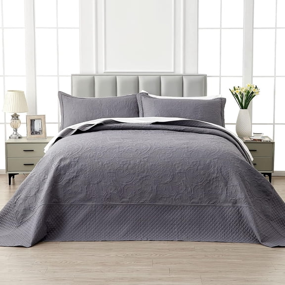 California King Bedspread Set - Soft Microfiber Ultrasonic Lightweight Dark Grey Oversized Quilt with Reversible Paisley Pattern, 3 Piece Cal King Quilt Set