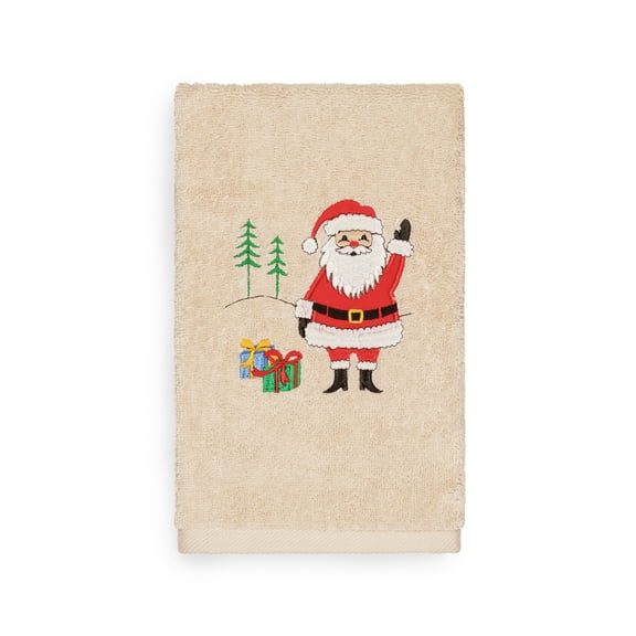 Linum Home Christmas Waving Santa Embroidered Beige Turkish Cotton Hand Towel