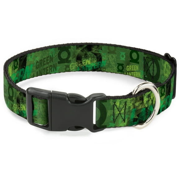 DC Comics Pet Collar, Dog Collar Plastic Buckle, Green Lantern Logo Collage Weathered Greens, 16 to 23 Inches 1.5 Inch Wide