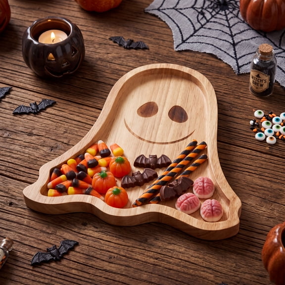 Tryvkinvive Ghost Serving Tray - Spooky Ghost Shaped Bamboo Serving Platter, Festive Wooden Charcuterie Board, Snack Cheese Dish Plate for Candy, Treats & Halloween Party Decor (8.3" x 7")