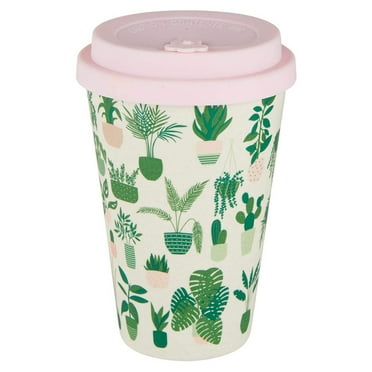 Bamboo To Go Coffee Cup with House Plants Pattern | Fiber Coffee Travel Mug with Silicone Lid  Sleeve | 13oz