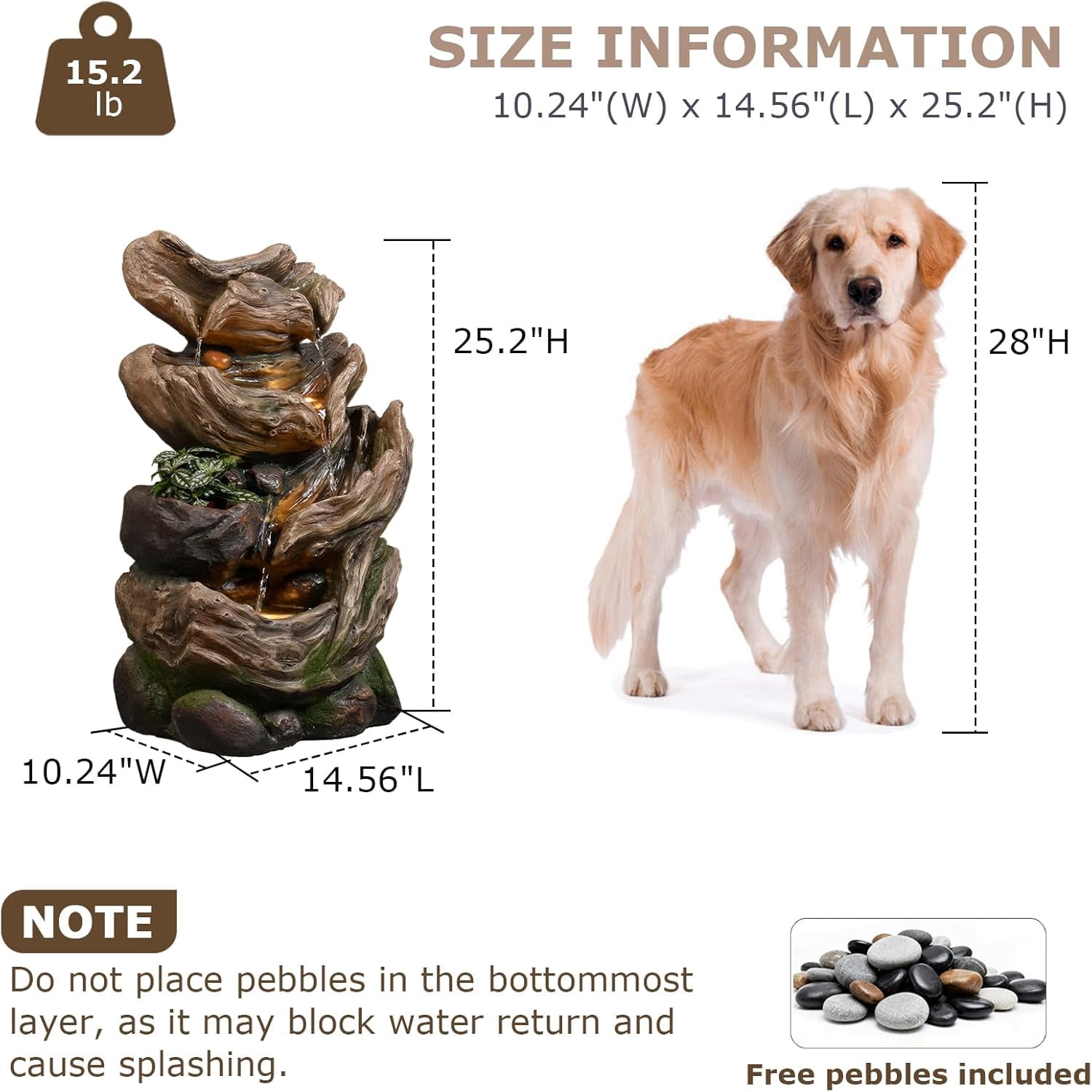 4-Tier Cascading Outdoor Water Fountain, 25.2" H Realistic Tree Trunk Garden Waterfall Fountains for Outside, Water Fountain Outdoor with Lights for Patio, Yard, Deck, Porch and Home Decor