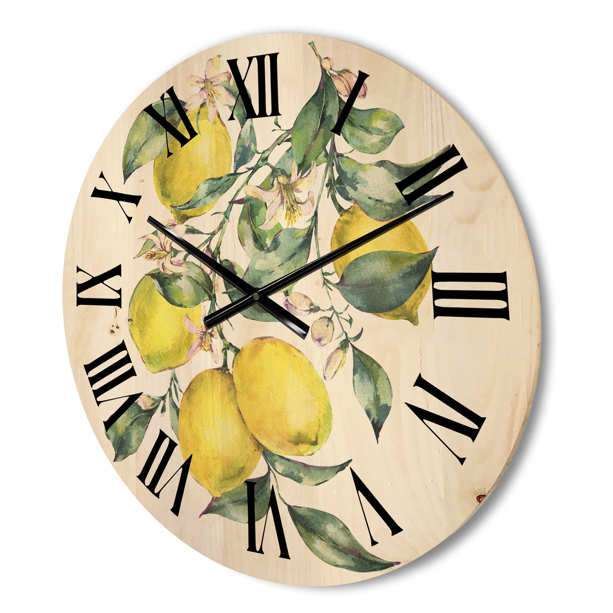 Designart 'Branch of Leaves and Yellow Lemons I' Tropical Wood Wall Clock