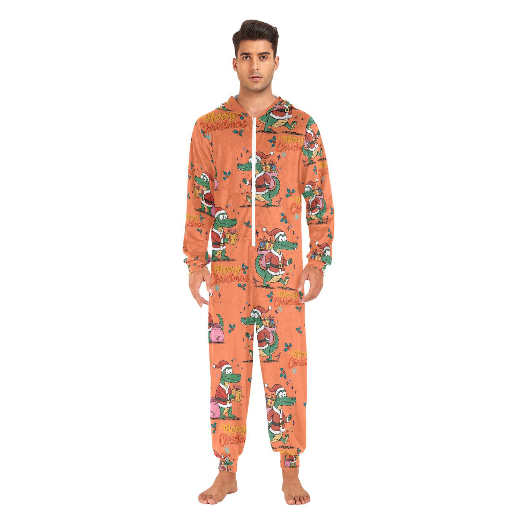Adult Christmas Onesie Christmas Crocodile Adult Zipper One-Piece Pajamas Unisex Pajamas with Pockets