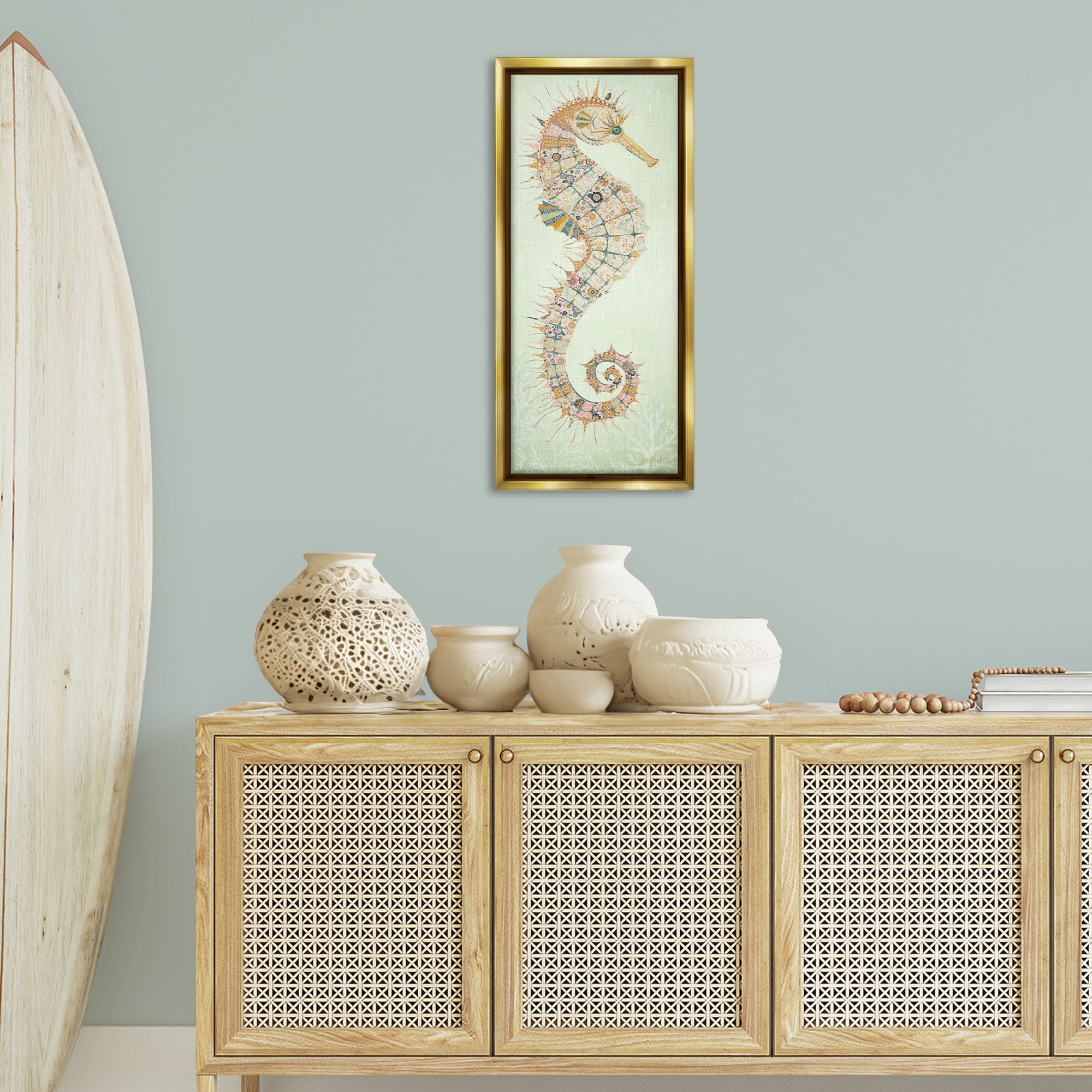 Stupell Industries Patterned Spikey Seahorse Animals & Insects Painting Gold Floater Framed Canvas Art Print Wall Art, 15 x 31