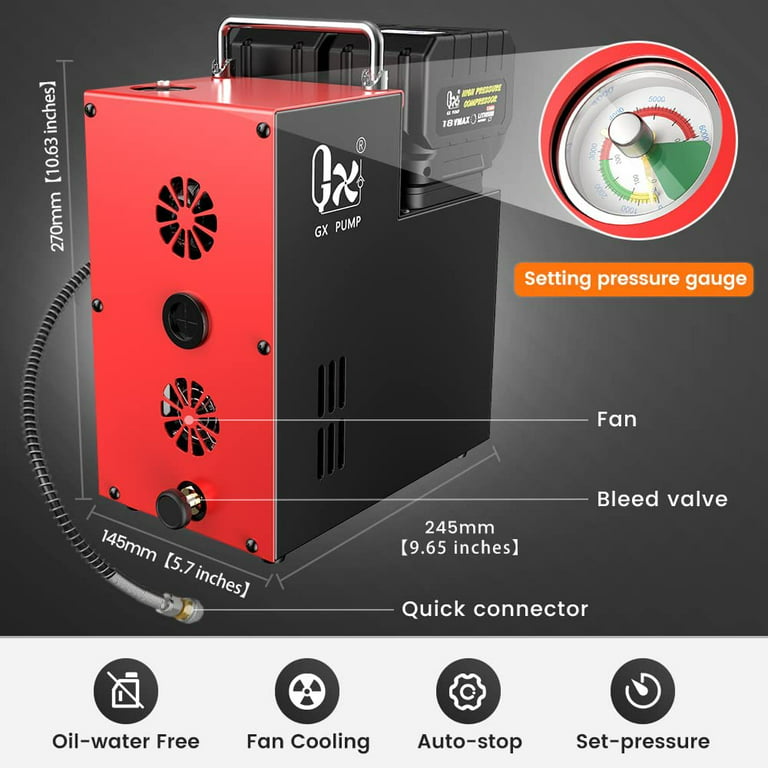 GX PUMP CS2 Portable PCP Air Compressor, 4500Psi/30Mpa, Oil-Free,Powered by  Car 12V DC or Home 110V AC with Adapter (Included), Paintball Tank