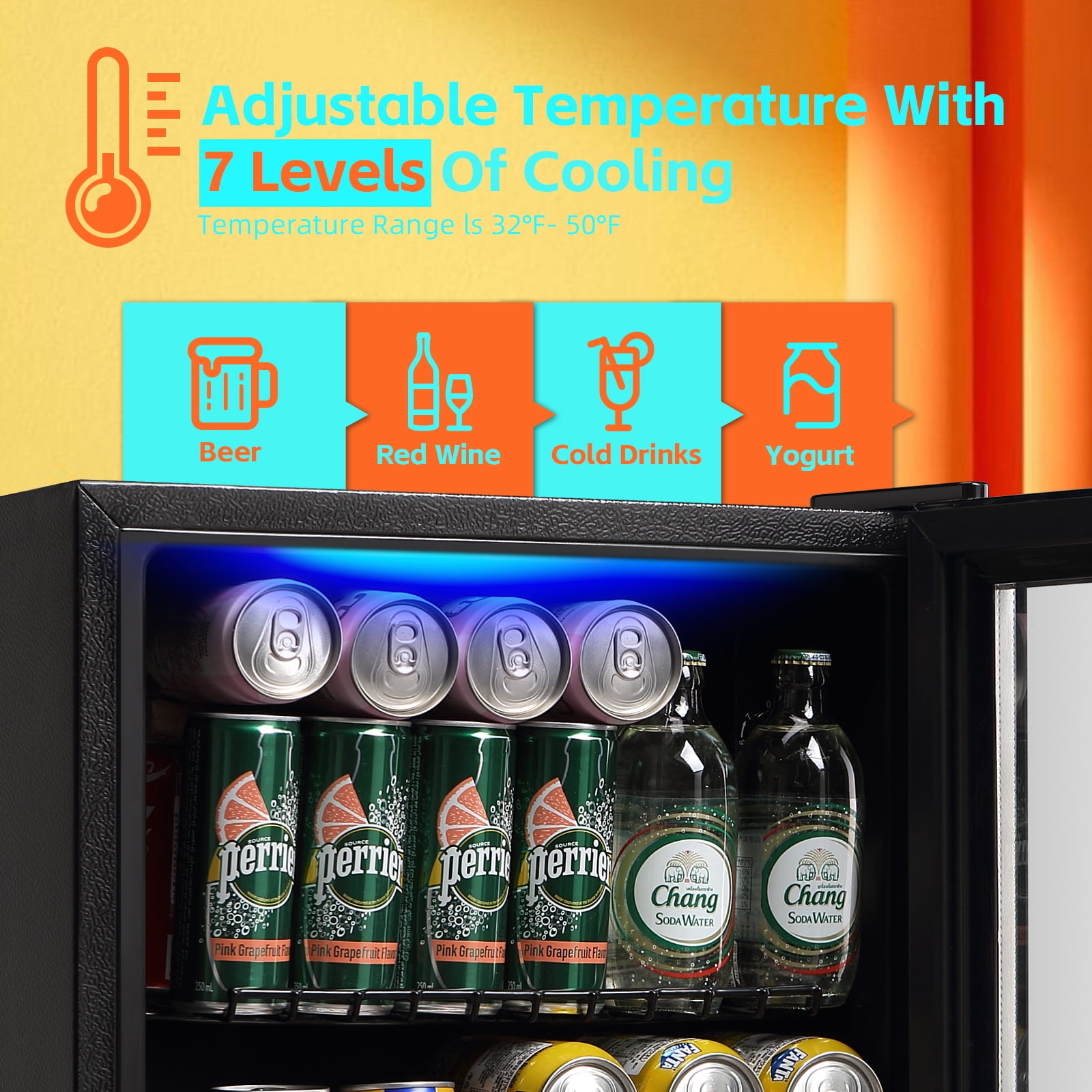 JIEJIA Beverage Refrigerators 58-Can Small Mini Fridge Glass Door, Removable Shelves for Soda Beer or Wine, 1.7 Cu.ft