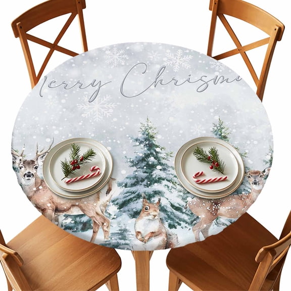 Christmas Round Tablecloth Squirrel Deer Tablecloths with Elastic Edge Fitted Pine Tree Forest Winter Snowflakes Table Cover,Waterproof Oil Proof for Dinner,Outdoor, Party 36" - 44"  DIA Tables
