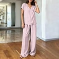 thumbnail image 3 of Ohufall Women's Two Pieces Sets V Neck Short Sleeve Loose Tops + Wide Leg Pocket Lounge Pants Striped Sets, 3 of 5