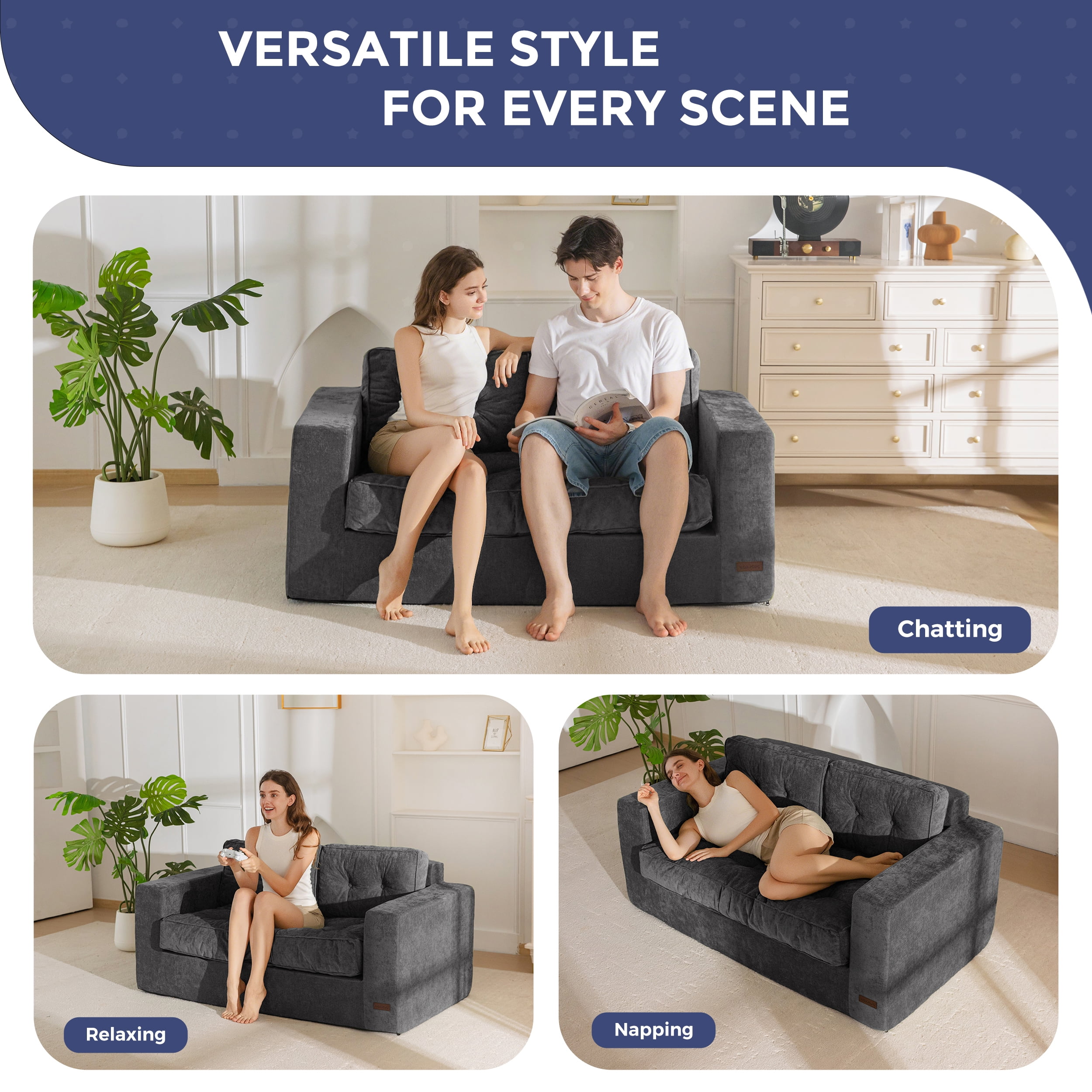 BYBYME 2 Seater Boneless Couch,Chenille Comfy Sofa with Extra Deep Seats for Living Room,Loveseat Bean Bag Chair,DGrey