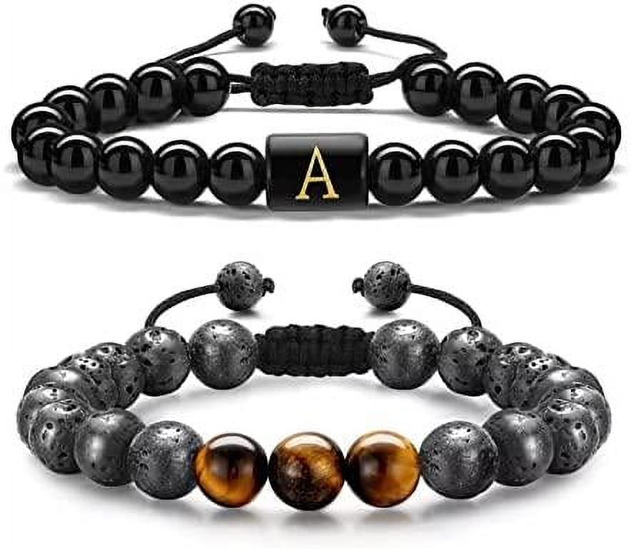 Initial Beaded Bracelets for Men, 8mm Tiger Eye Lava Rock Stone Handmade Mens Letter Obsidain Bracelet Stress Relief Yoga Beads Bracelets Adjustable Anti Anxiety Bracelets for Men Women Jewelry Gifts