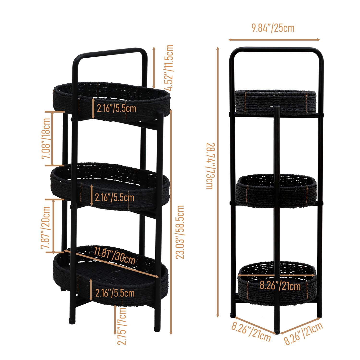 3-Tier Organizer for Kitchen,Portable Storage Shelf,Small Handwoven Side Tables forLiving Room,Bedroom,Black