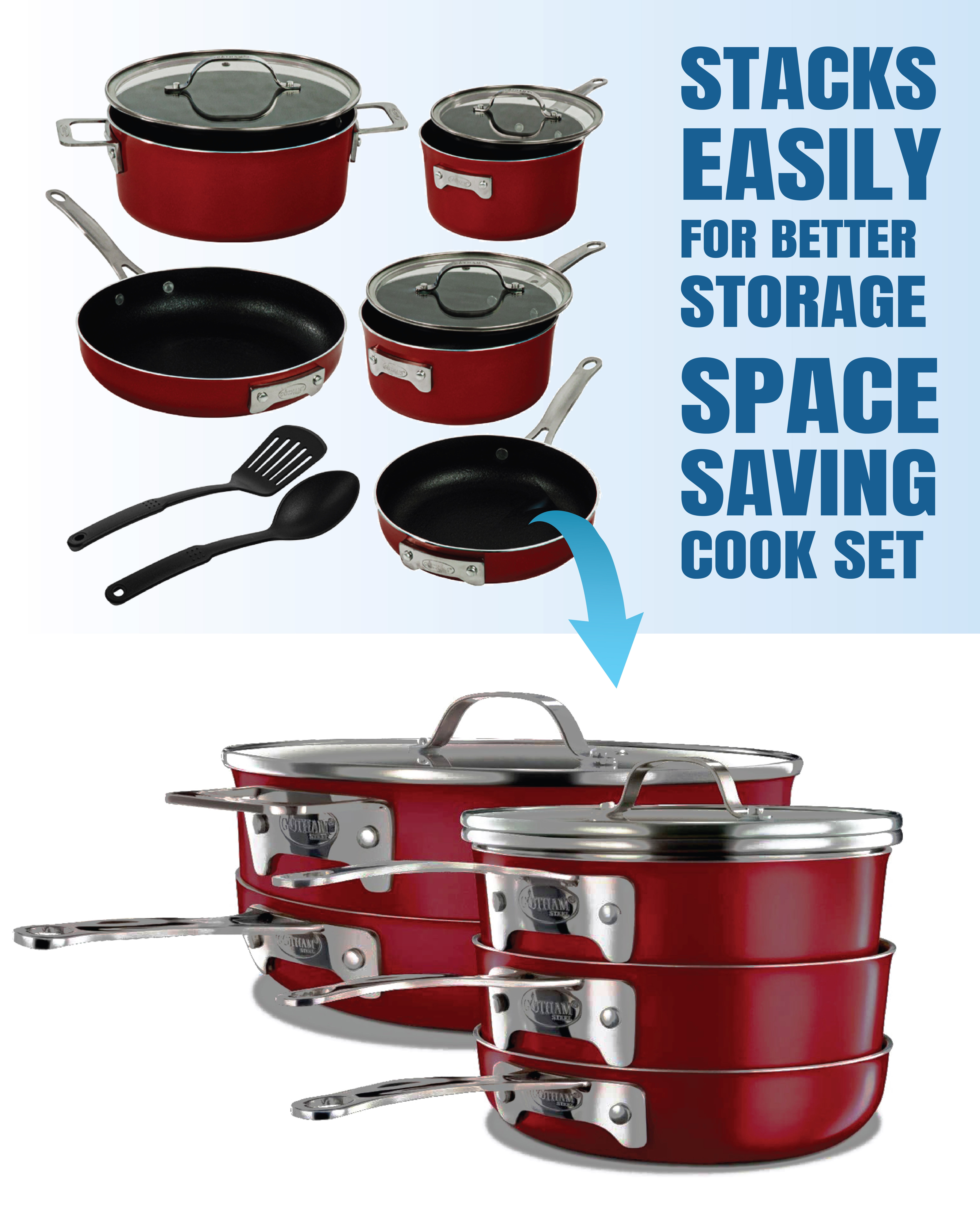  Gotham Steel STACKMASTER Pots Stackable 10 Piece Cookware Set  Ultra Nonstick Cast Texture Coating Includes Fry Pans, Red : Everything Else