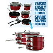 طقم أواني طهي سيراميك من Gotham Steel مكون من 10 قطع من STACKMASTER مع مقابض تبقى باردة وأغطية زجاجية مقواة قابلة للتكديس