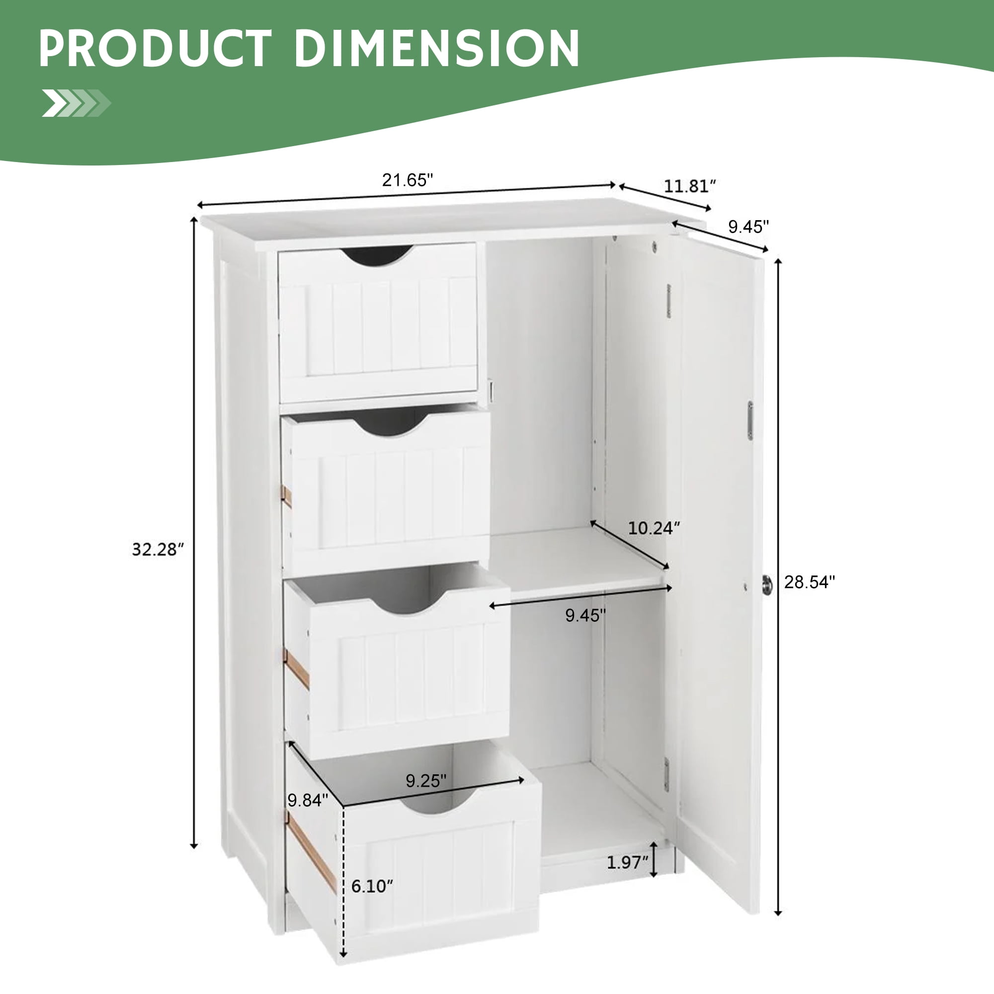 Dalattin Wooden Bathroom Cabinet, Floor Storage Cabinet with 4 Drawers 1 Cupboard & 2 Shelves