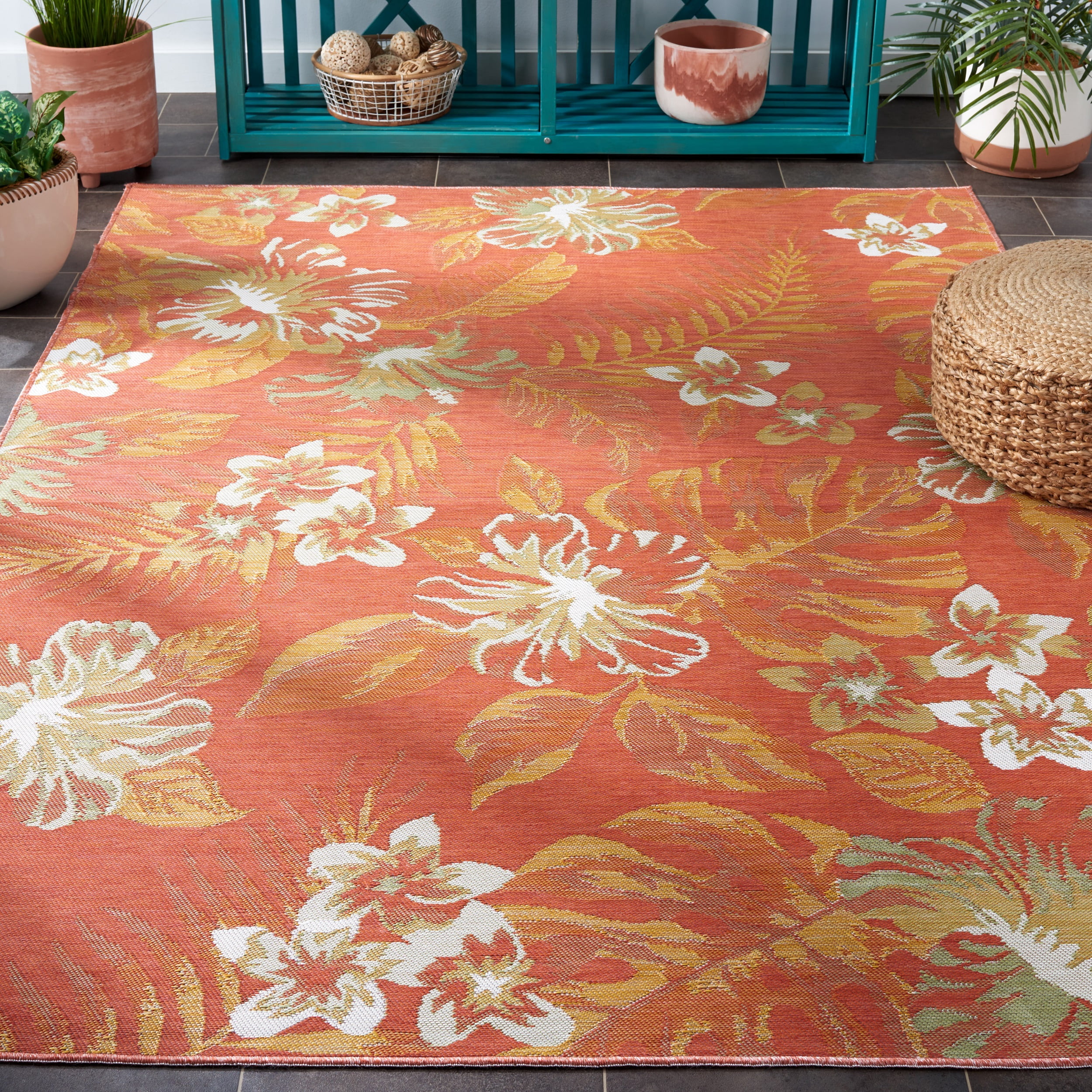 SAFAVIEH Sunrise Cole Floral Reversible Indoor/Outdoor Area Rug, Ivory/Rust Sage, 6'7" x 6'7" Square