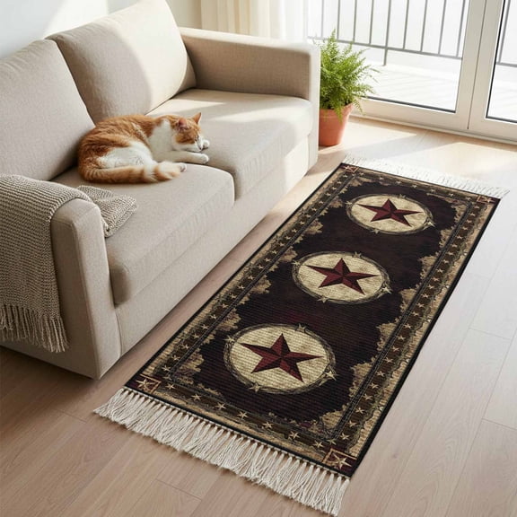 Western Stars Brown Kitchen Runner Rug 2'x4',Farmhouse Country Vintage Wood Grain Washable Rug with Tassels,Non Slip Woven Cotton Bathroom Rugs Hallway Carpet for Foyer Bedroom Entry Back Door Decor