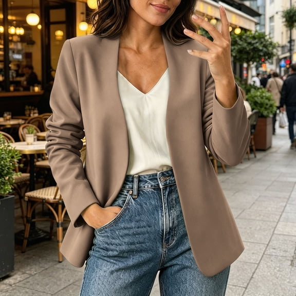 IUYRTFE Women's Collarless Open Front Blazer Long Sleeve Casual Workwear Jacket Solid Color