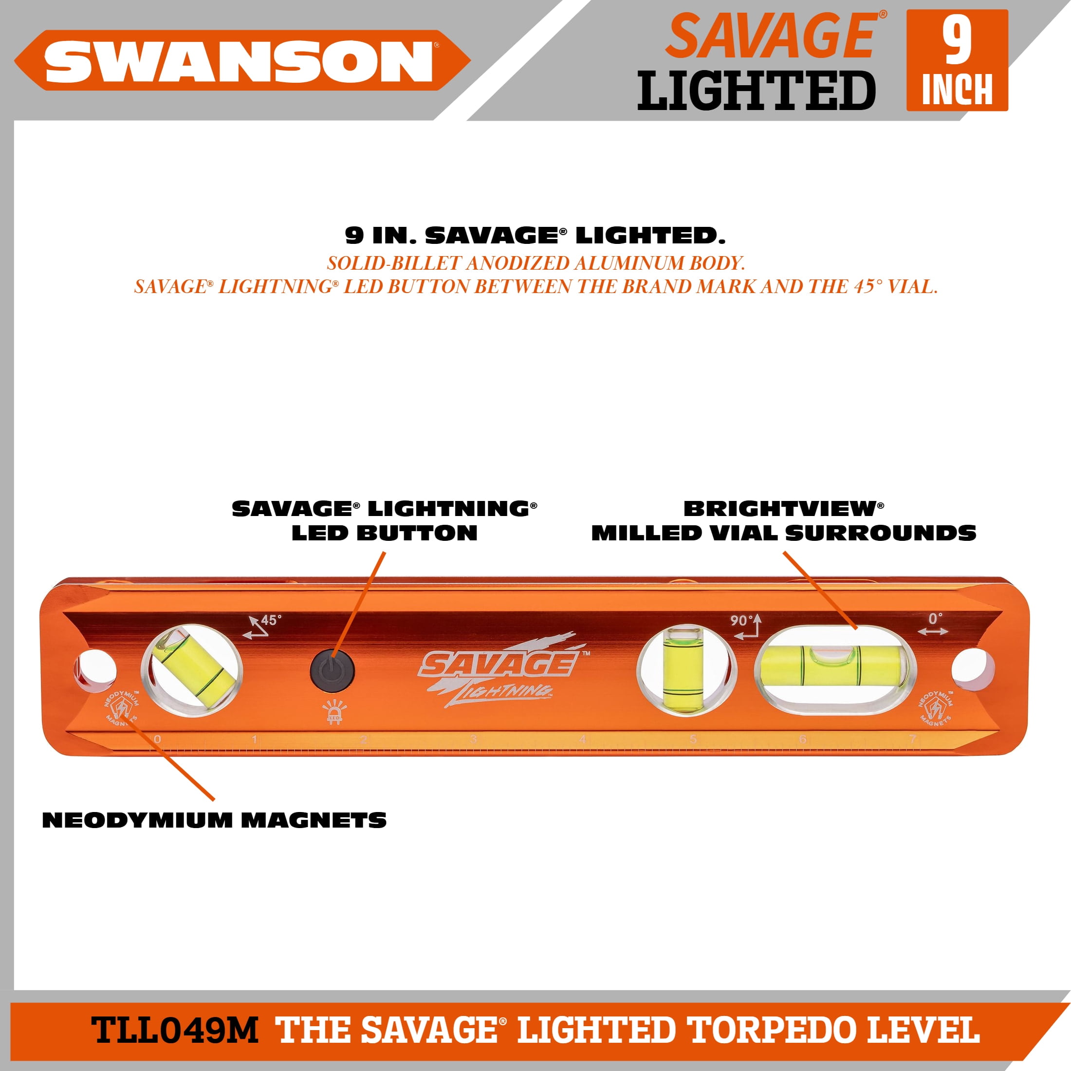 Swanson, Lighted Magnetic Torpedo Level, Model TLL049M, 9