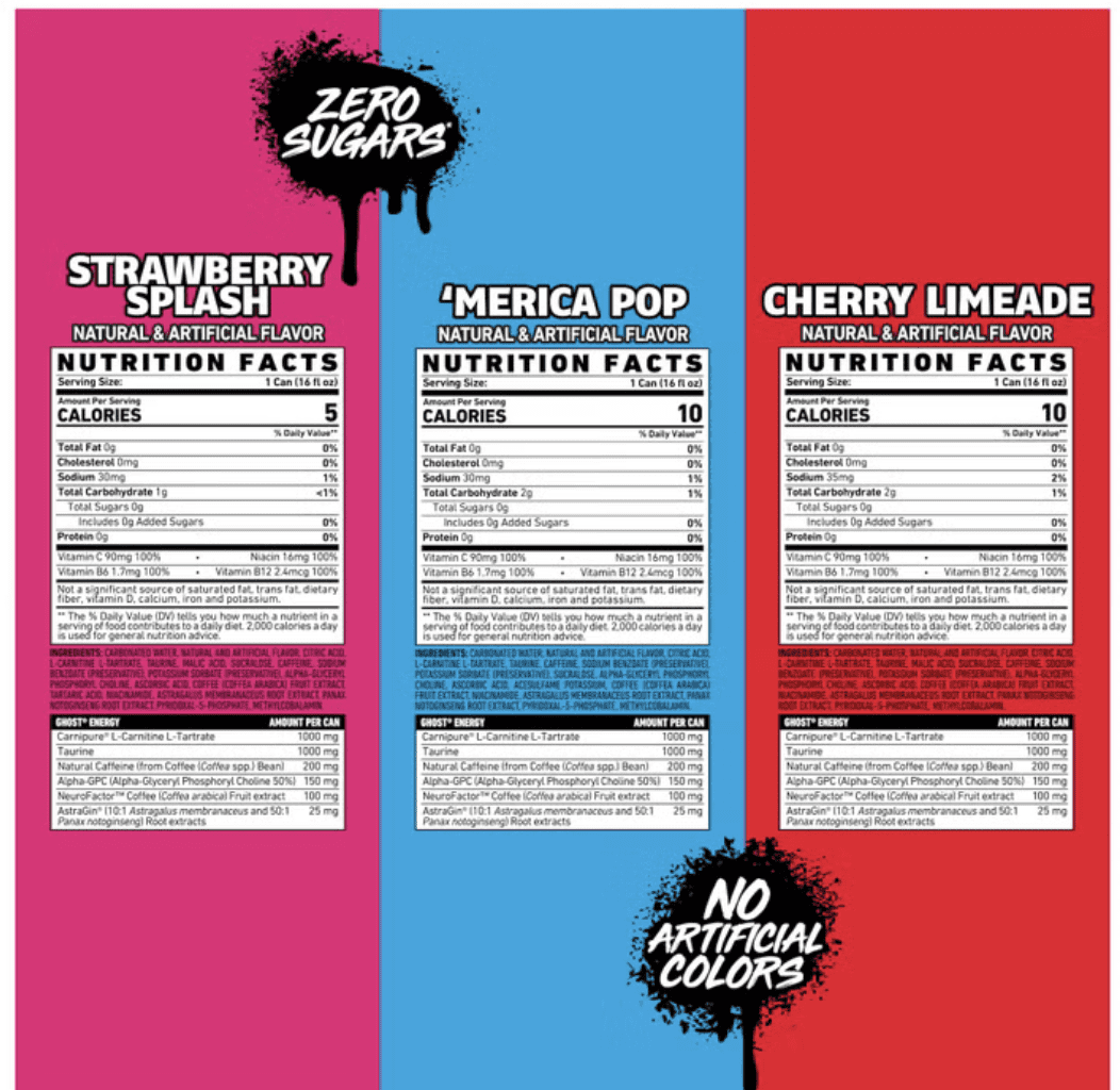 Ghost Energy Zero Sugar Variety Pack, Bubblicious Strawberry, Merica Pop, Cherry Limeade, 16 fl oz, 18 Pack