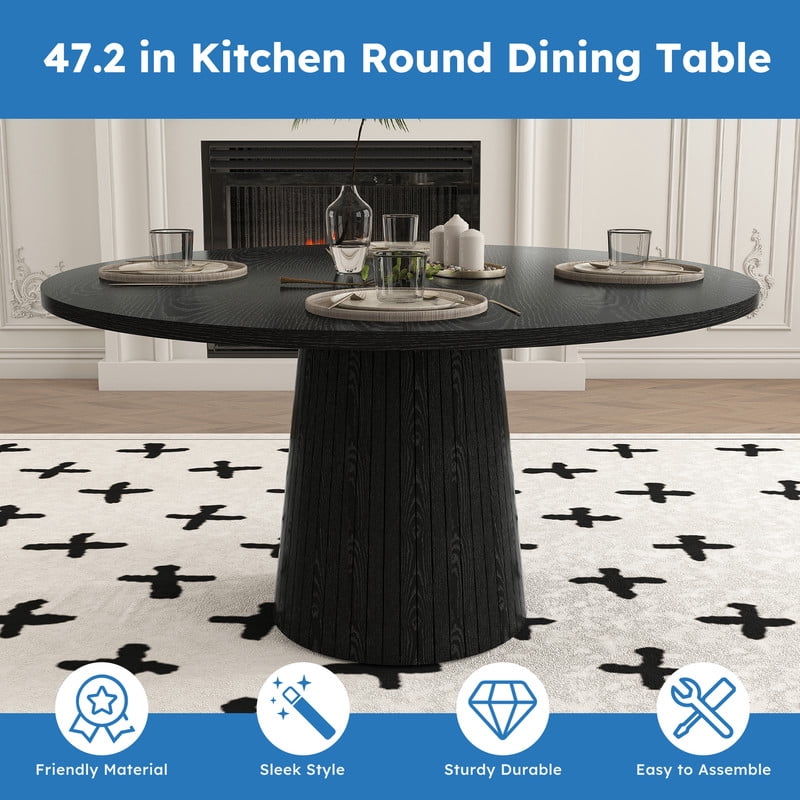 47.2'' Round Large Dining Table for 4, Accent Kitchen Dinner Table with Striped Base, Wood Side Table with Metal Frame