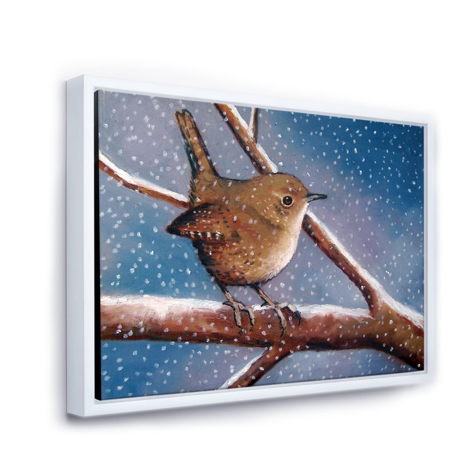 Designart 'Wren Bird On Branch In Winter' Farmhouse Framed Canvas Wall Art Print