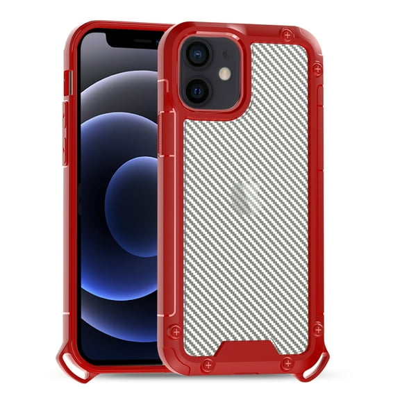 Shockproof Pc Bumper Case With Carbon Fiber Pattern In Red For Iphone 12 Mini