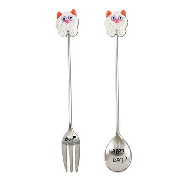 Naiovety 2 cucharas de dibujos animados para postres, tenedores de fruta, cucharas únicas para una experiencia elegante, vajilla con acabado Mostrada blanco