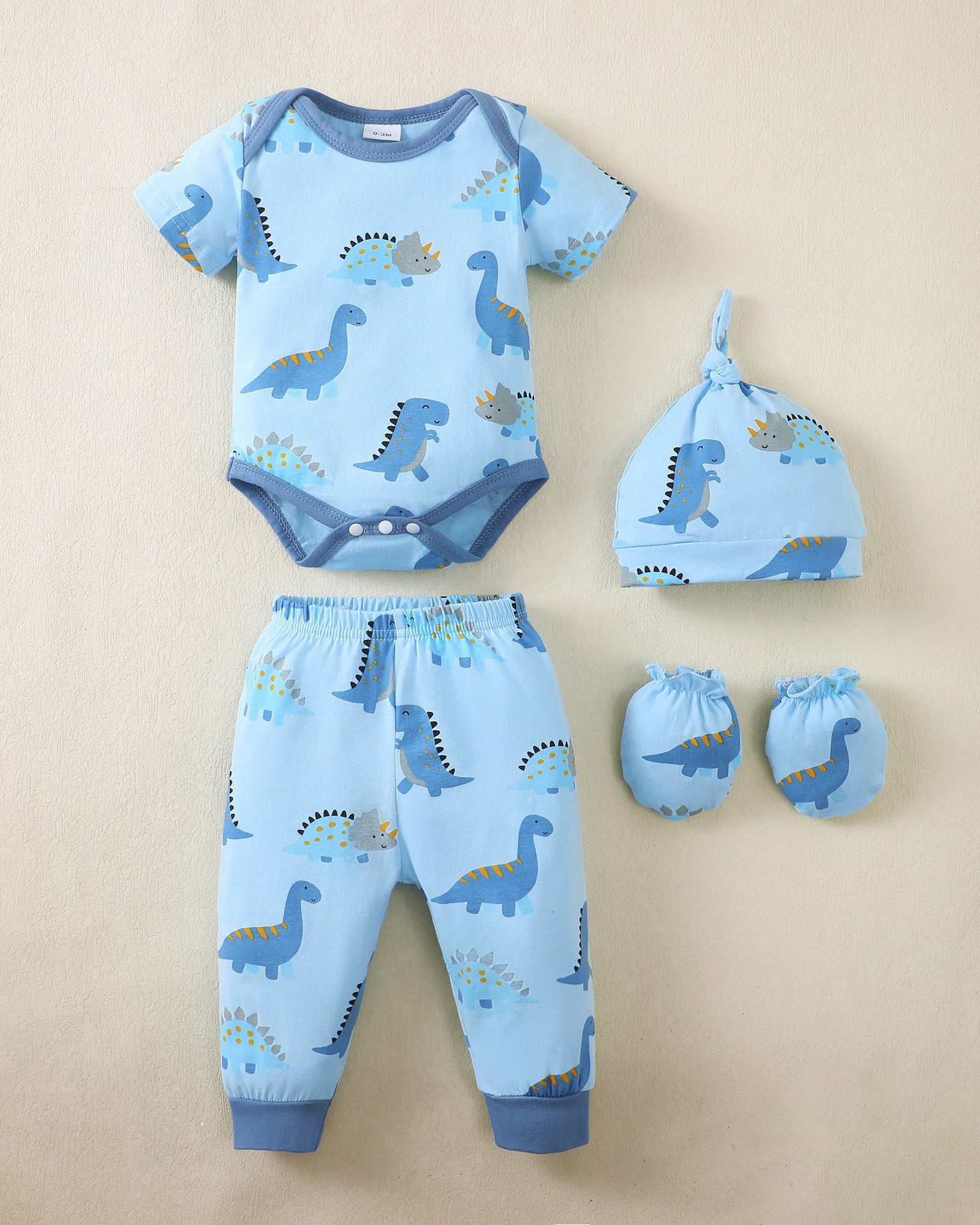 KIMI BEAR Newborn Baby Boys Layette Set 6-12 Months Shower Gift 4-Packs Pant Sets Romper Set Short Sleeves Long Sleeves Romper Dinosaur Print Clothes with Hats and Gloves 15pcs Clothes Blue