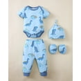thumbnail image 4 of KIMI BEAR Newborn Baby Boys Layette Set 0-3 Months Shower Gift 4-Packs Pant Sets Romper Set Short Sleeves Long Sleeves Romper Dinosaur Print Clothes with Hats and Gloves 15pcs Clothes Blue, 4 of 9