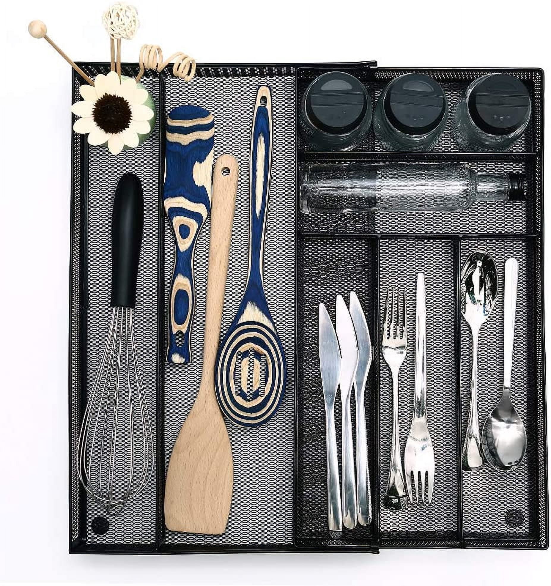 Utensil Drawer Organizer - Expandable Cutlery Tray, Silverware/Flatware Storage Divider for Kitchen, Mesh Designing with Non-slip Rubber Feet (black)