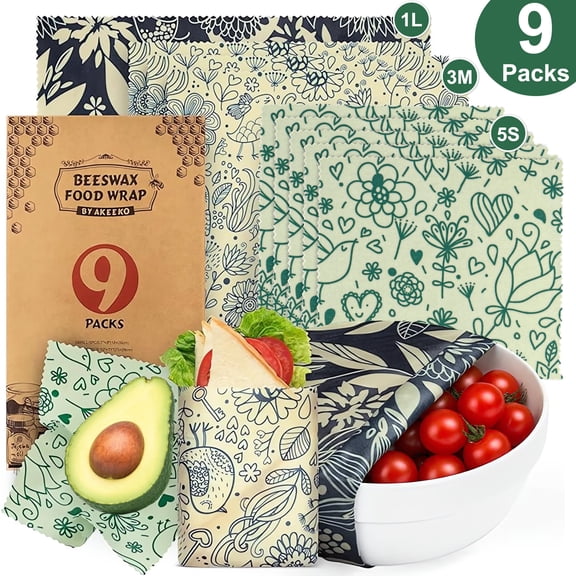 Wavraging Reusable Beeswax Wraps for Food, 9 Pack Beeswax Wrap Organic, Sustainable, Biodegradable, Zero Waste, Plastic-Free Food Storage, 5 Small, 3 Medium, 1 Large Wraps with Flowers Patterns