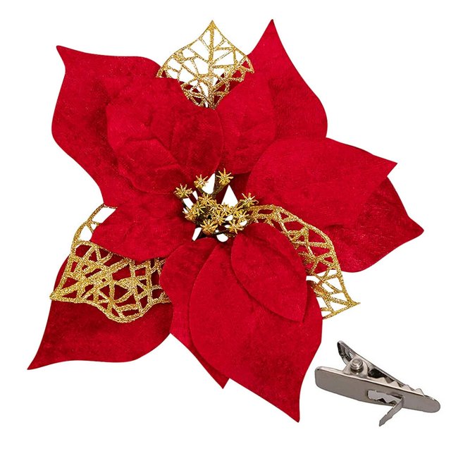 15 Pcs Poinsettia Fleurs Artificielles Décorations d'Arbre Ornements Paillettes Rouges avec Clips