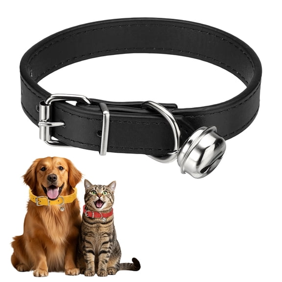 Dog Collar with Bell, Pu Leather Cat Collars Pet Basic Soft Padded Adjustable Buckle, 16" (Black, 1 Pcs)