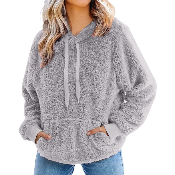 Gibobby Mujeres sudadera con capucha suéter Sudadera informal de manga larga de lana artificial para mujer (Gris, XXXL)