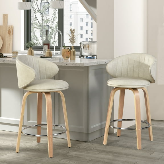 Swivel Counter Stools Wood Bar Stools Set of 2 Faux Leather Barstools with Back Boho Bar Stools for Kitchen Counter Restaurant, Beige 26 Inch