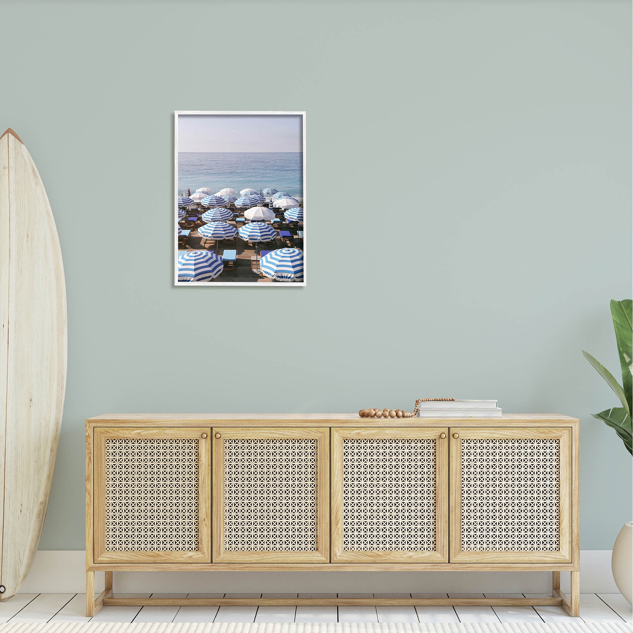 Beach Umbrellas Clear Summer Sky Coastal Photograph White Framed Art Print Wall Art