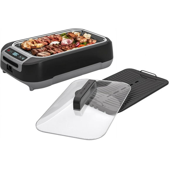 OVENTE Smokeless Indoor Grill, 1500W Electric Portable Korean BBQ Grill with One-Touch Control, LED Smart Display, Tempered Glass Lid, Two Removable Non-Stick and Dishwasher Safe Plates, Black SGR85B