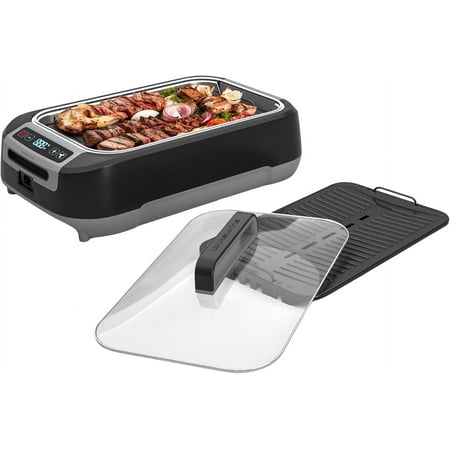 OVENTE Smokeless Indoor Grill, 1500W Electric Portable Korean BBQ Grill with One-Touch Control, LED Smart Display, Tempered Glass Lid, Two Removable Non-Stick and Dishwasher Safe Plates, Black SGR85B