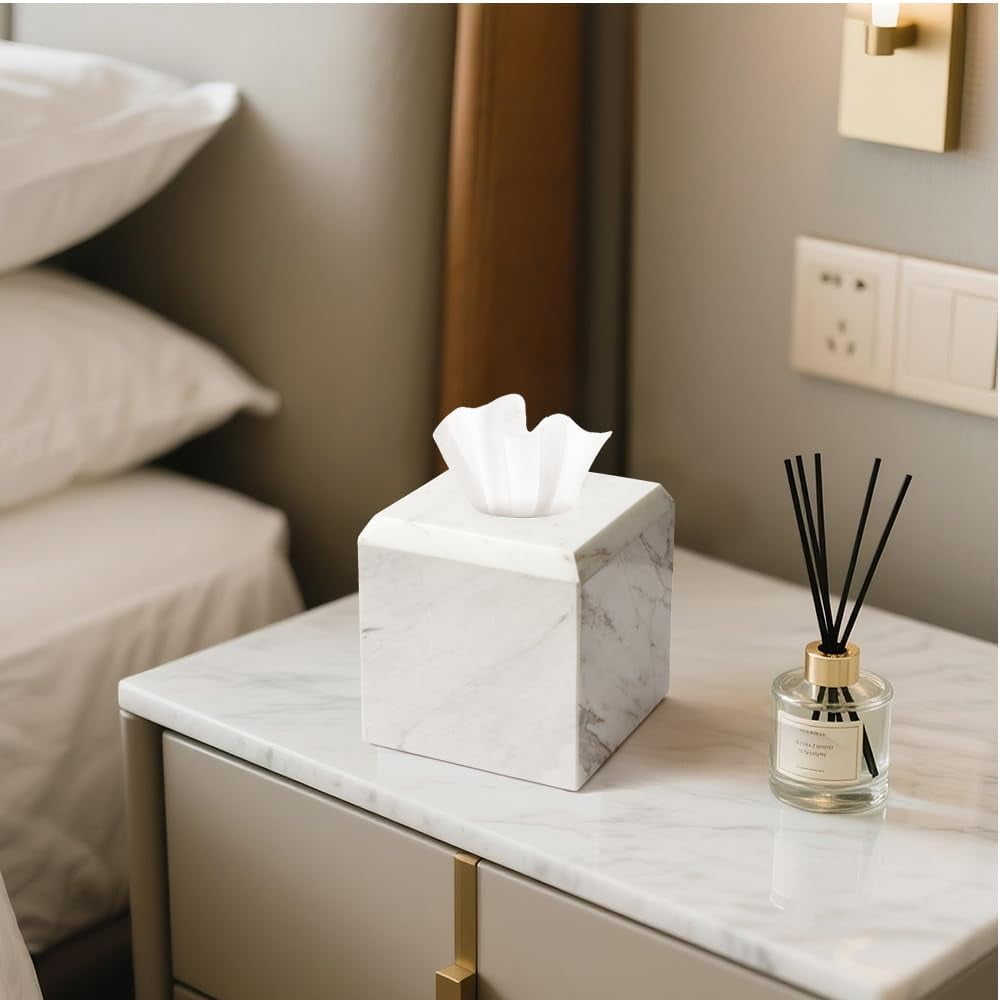 Tissue Box Cover Italy Natural Marble Heavy Duty Square Facial Toilet Paper Holder for Bathroom Living Room Bedroom Dresser Vanity Kitchen Minimalistic Office Home Decor Jazz White (WH014)