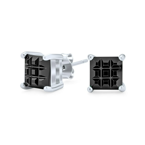 Bling Jewelry Mens Black Invisible Cut Square Princess CZ Stud Earrings Sterling Silver