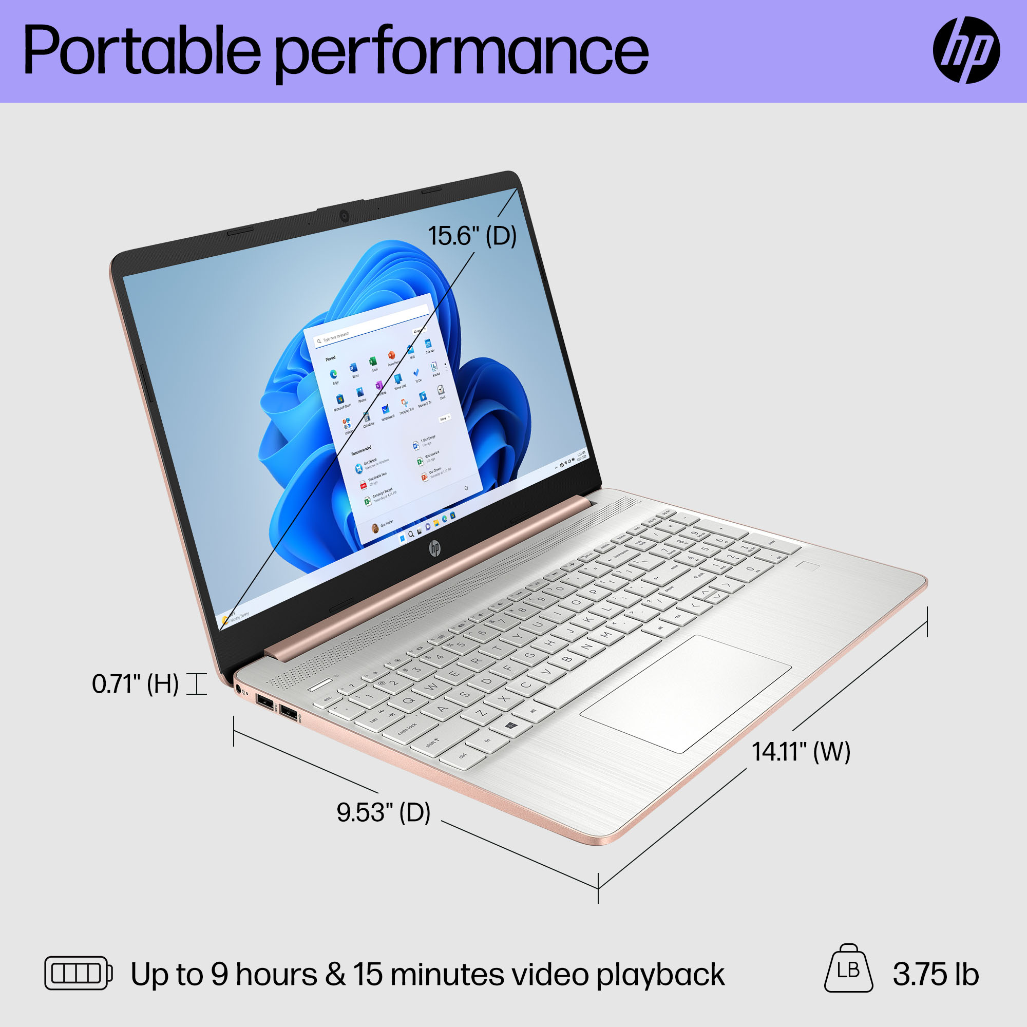 HP 15.6" Laptop Bundle, AMD Ryzen 3 3250U, 4GB RAM, 128GB SSD, Wireless Mouse, Pale Rose Gold, Windows 11 Home in S mode, 15-ef1716wm - image 5 of 11