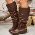 thumbnail image 2 of Slouchy Long Fall Boots for Women Retro Leather Chunky Heel Pull on Mid Calf Boots with Strappy Decor, 2 of 9