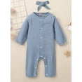 thumbnail image 3 of Baby Girls Boys Rompers Solid Color Buttons Crew Neck Long Sleeve Jumpsuits Spring Toddler Bodysuits with Headband, 3 of 10
