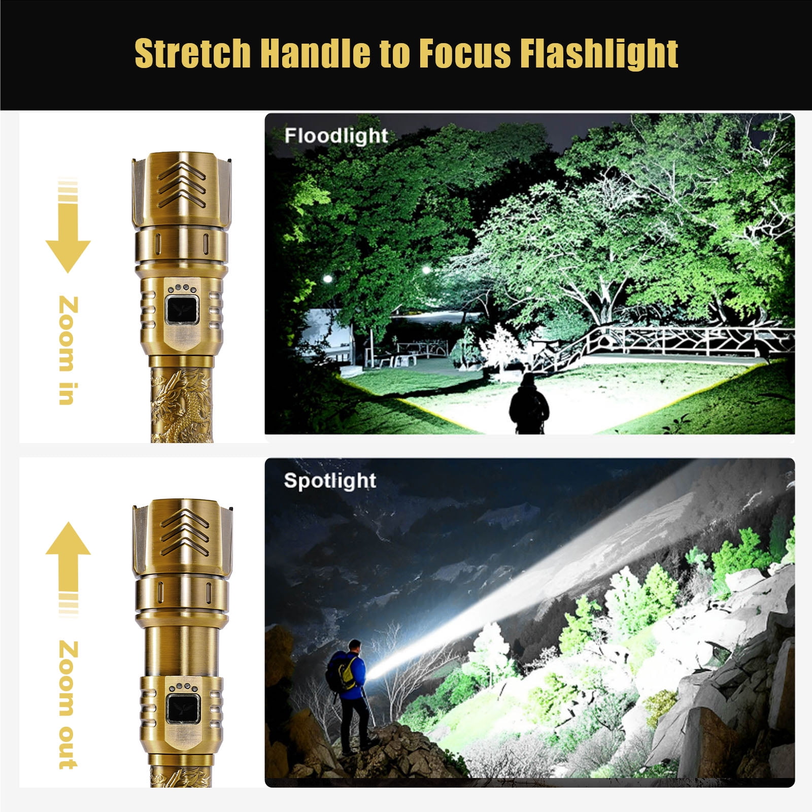 SKYFIRE LED High-brightness Gold Dragon Pattern Flashlight, 4000mAh rechargeable flashlight with ignition lens, zoom function, four modes, suitable for camping, outdoor and household use