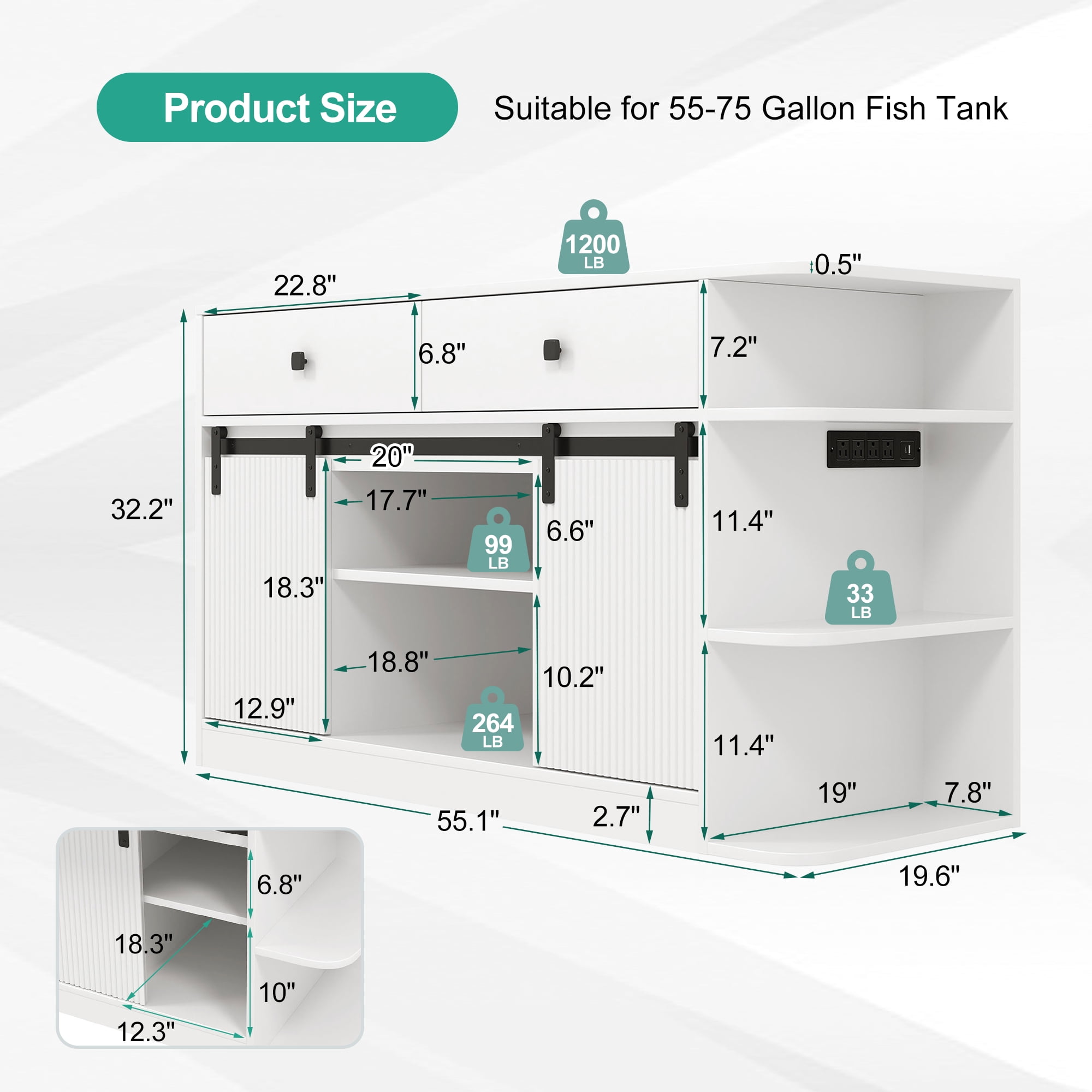 Mintazer 55-75 Gallon Fish Tank Stand with LED Light & Charging Station, 55" Aquarium Stand with Storage & Sliding Doors, Heavy Duty Tank Stand for 2 Fish Tank Terrarium, 1200lbs, White
